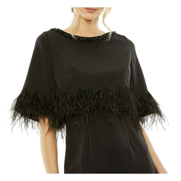 Mac Duggal Black Feather Beaded Short Sleeve Formal Gown Maxi Dress NWT Sz 10 - Picture 2 of 9